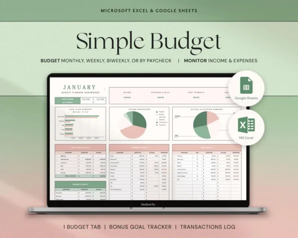 Simple Budget Planner Template for Google Sheets & Microsoft Excel – Monthly & Weekly Tracking